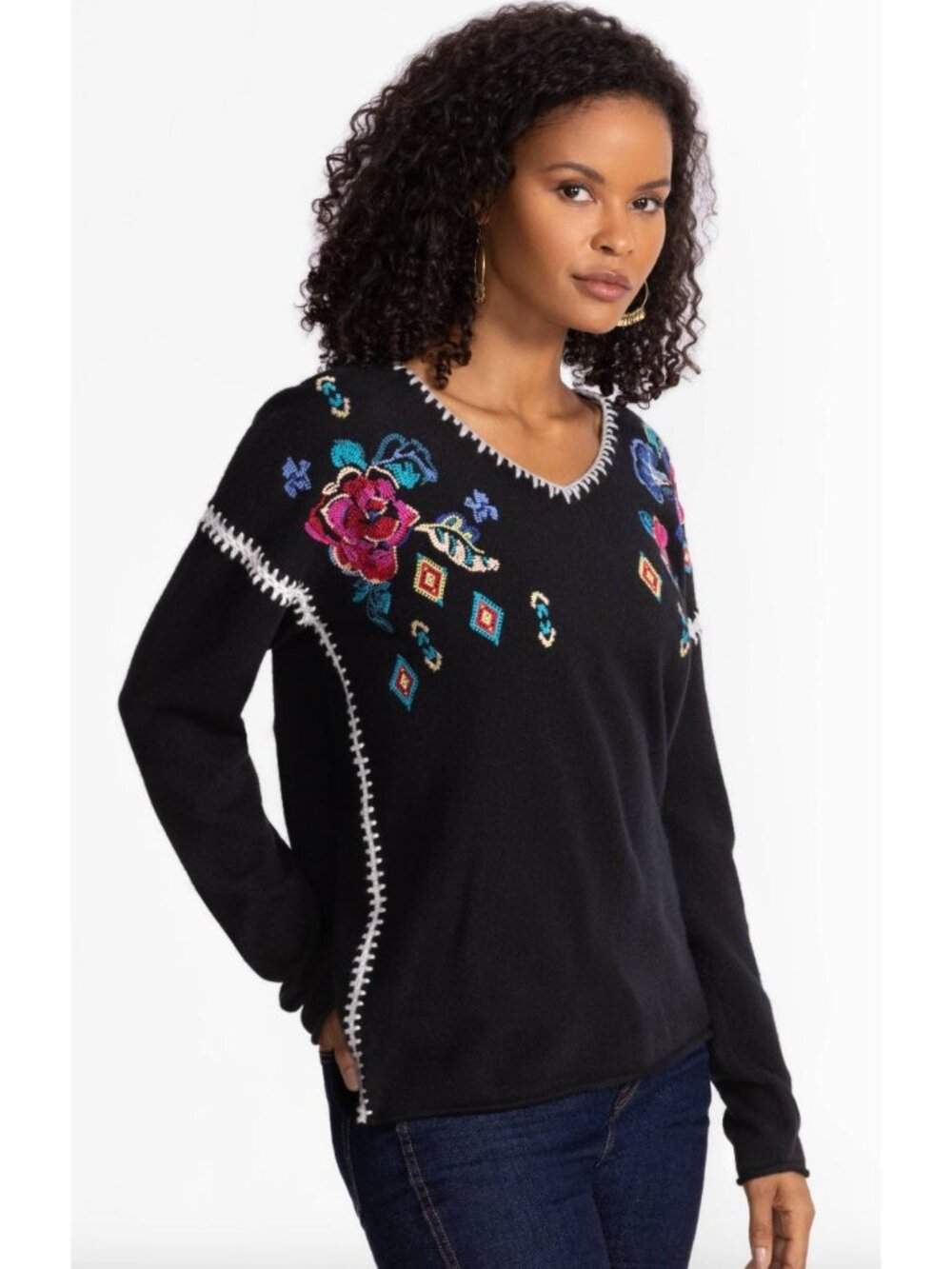 NWT Johnny Was $398  The Whipstitch V-Neck Pullover Size XS Floral Embroidered